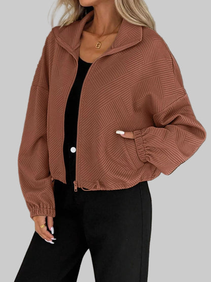 Drawstring Hem Textured Long Sleeve Jacket Jackets The Nichole Collection