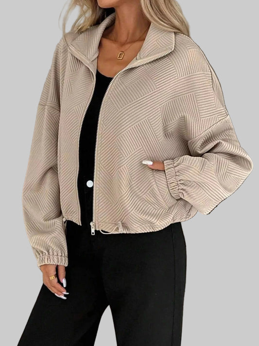 Drawstring Hem Textured Long Sleeve Jacket Jackets Khaki / S The Nichole Collection