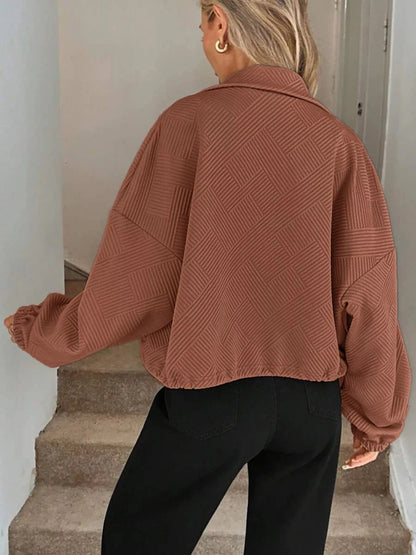 Drawstring Hem Textured Long Sleeve Jacket Jackets The Nichole Collection
