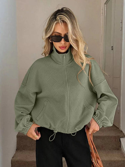 Drawstring Hem Textured Long Sleeve Jacket Jackets The Nichole Collection