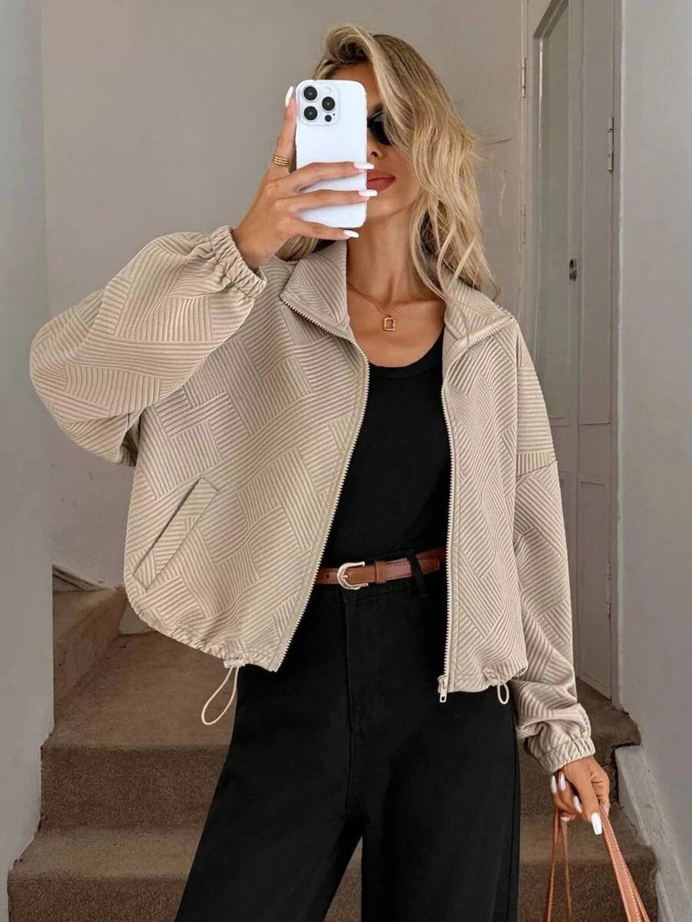 Drawstring Hem Textured Long Sleeve Jacket Jackets The Nichole Collection