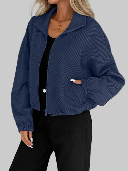 Drawstring Hem Textured Long Sleeve Jacket Jackets The Nichole Collection