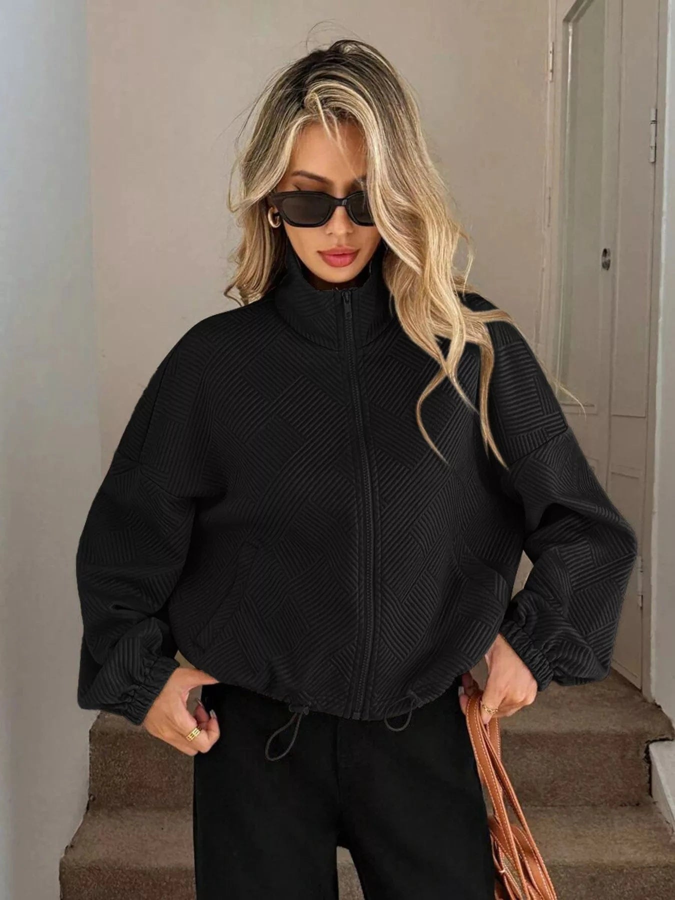 Drawstring Hem Textured Long Sleeve Jacket Jackets The Nichole Collection