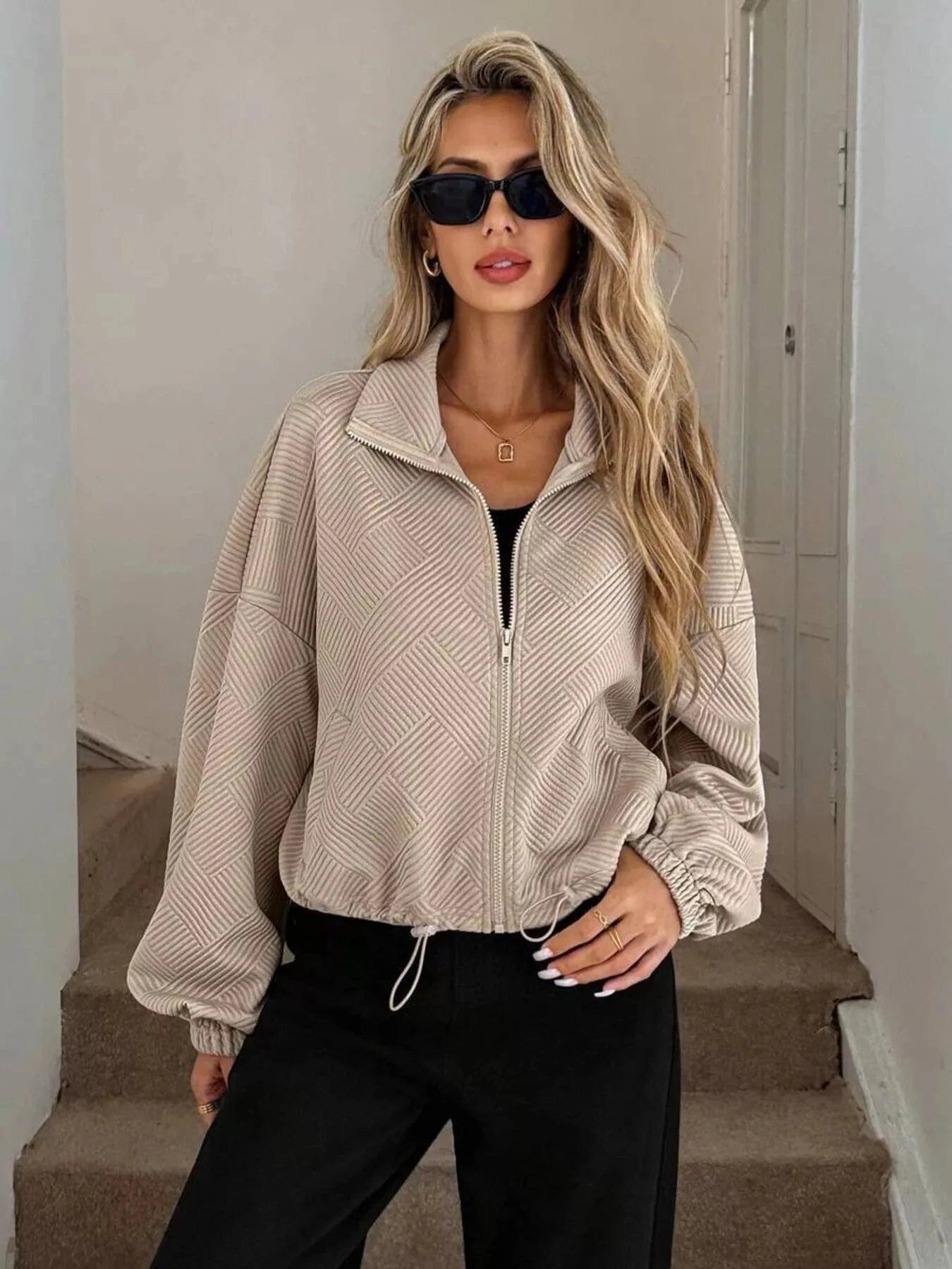 Drawstring Hem Textured Long Sleeve Jacket Jackets The Nichole Collection