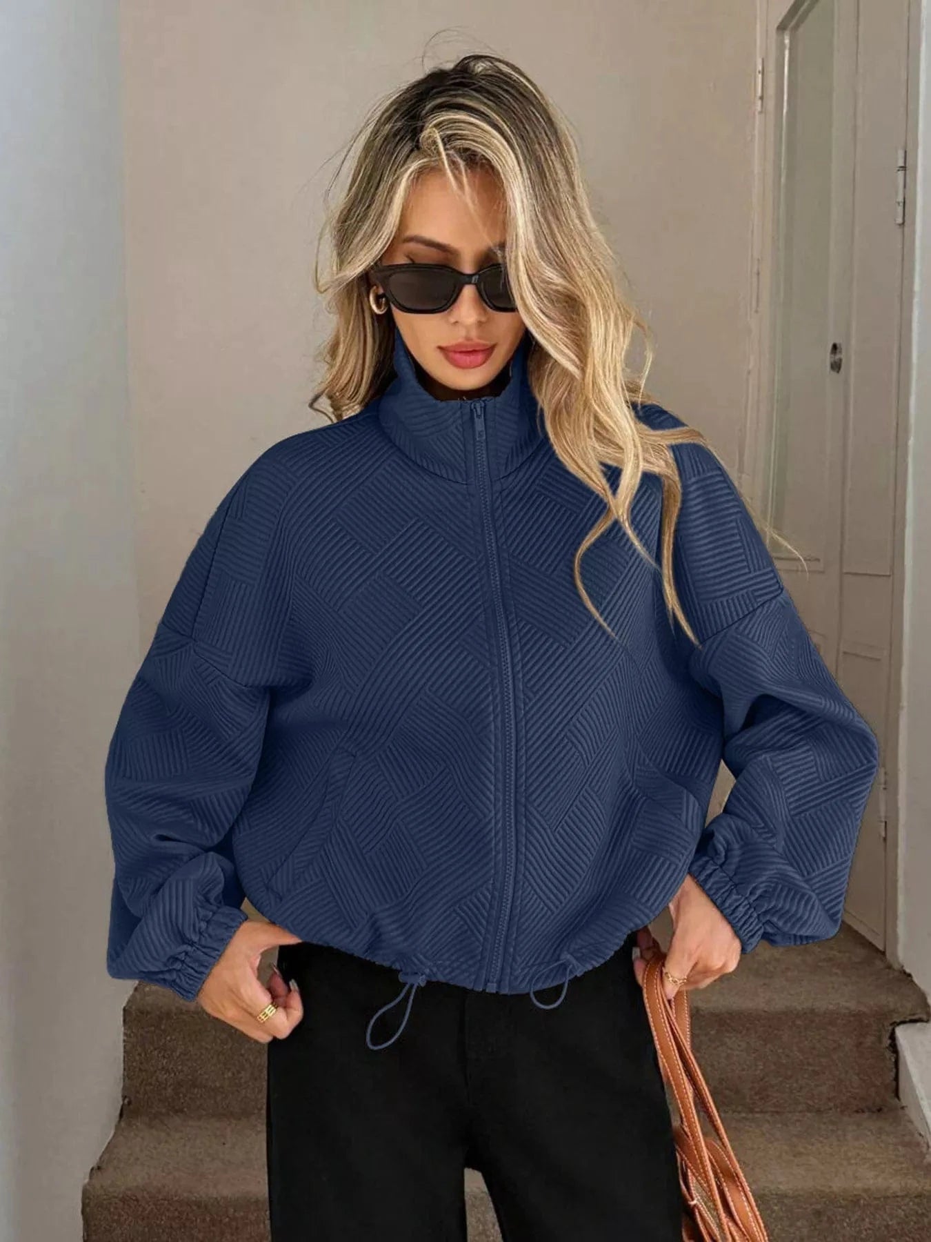 Drawstring Hem Textured Long Sleeve Jacket Jackets The Nichole Collection