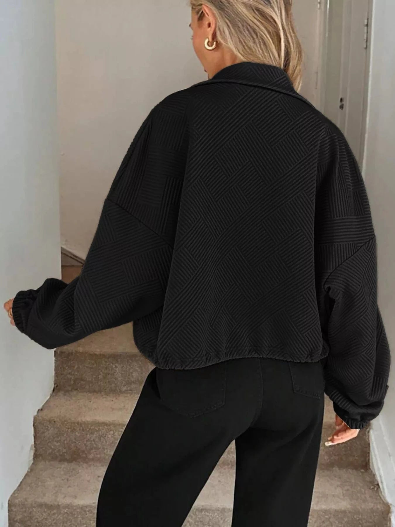 Drawstring Hem Textured Long Sleeve Jacket Jackets The Nichole Collection