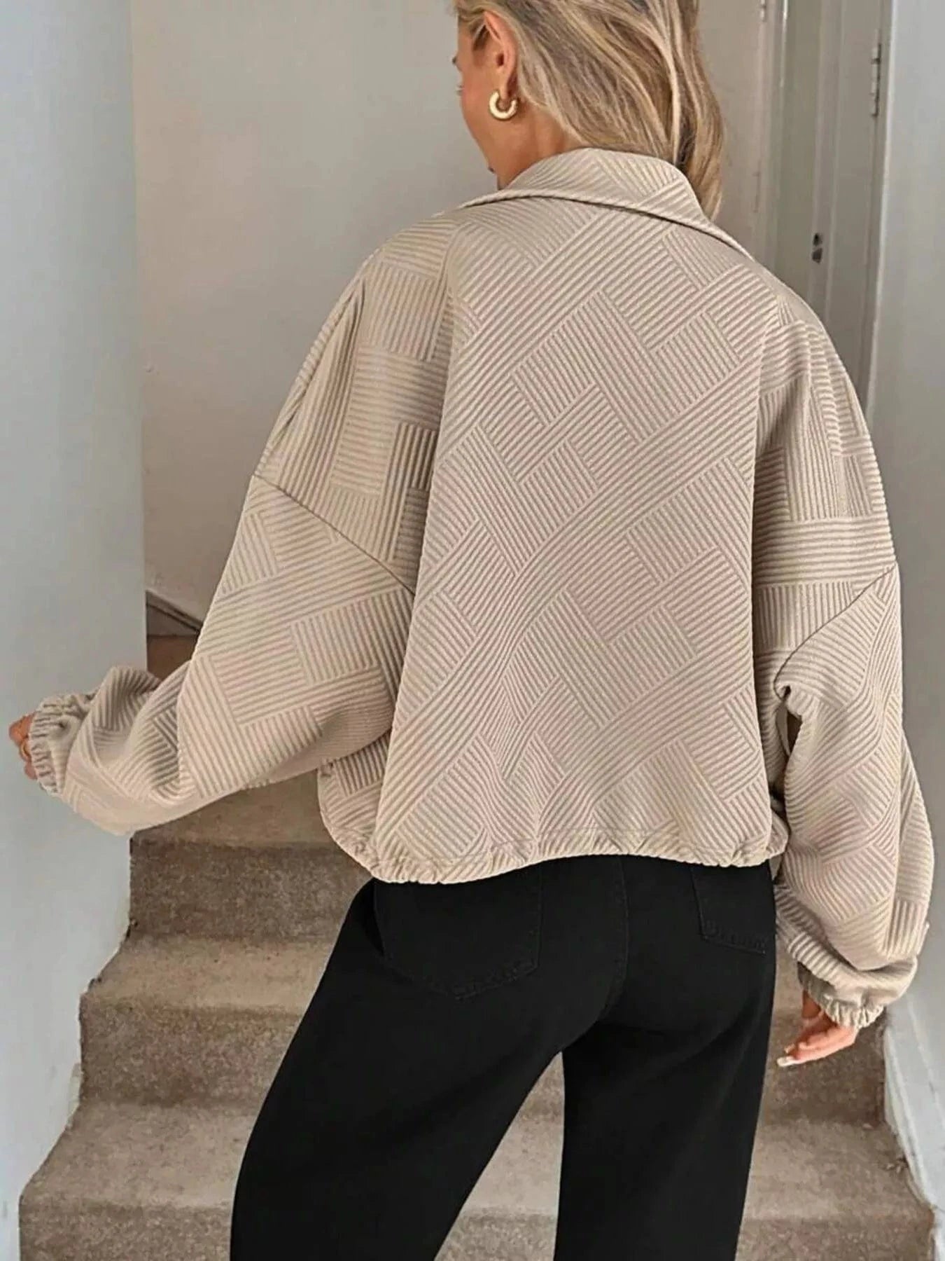 Drawstring Hem Textured Long Sleeve Jacket Jackets The Nichole Collection