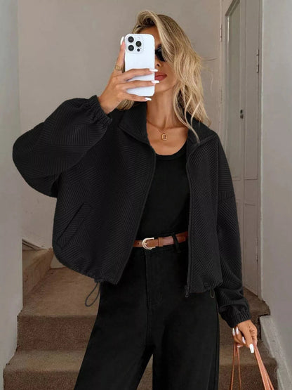 Drawstring Hem Textured Long Sleeve Jacket Jackets The Nichole Collection