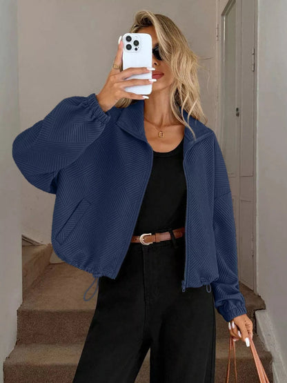 Drawstring Hem Textured Long Sleeve Jacket Jackets Navy / S The Nichole Collection