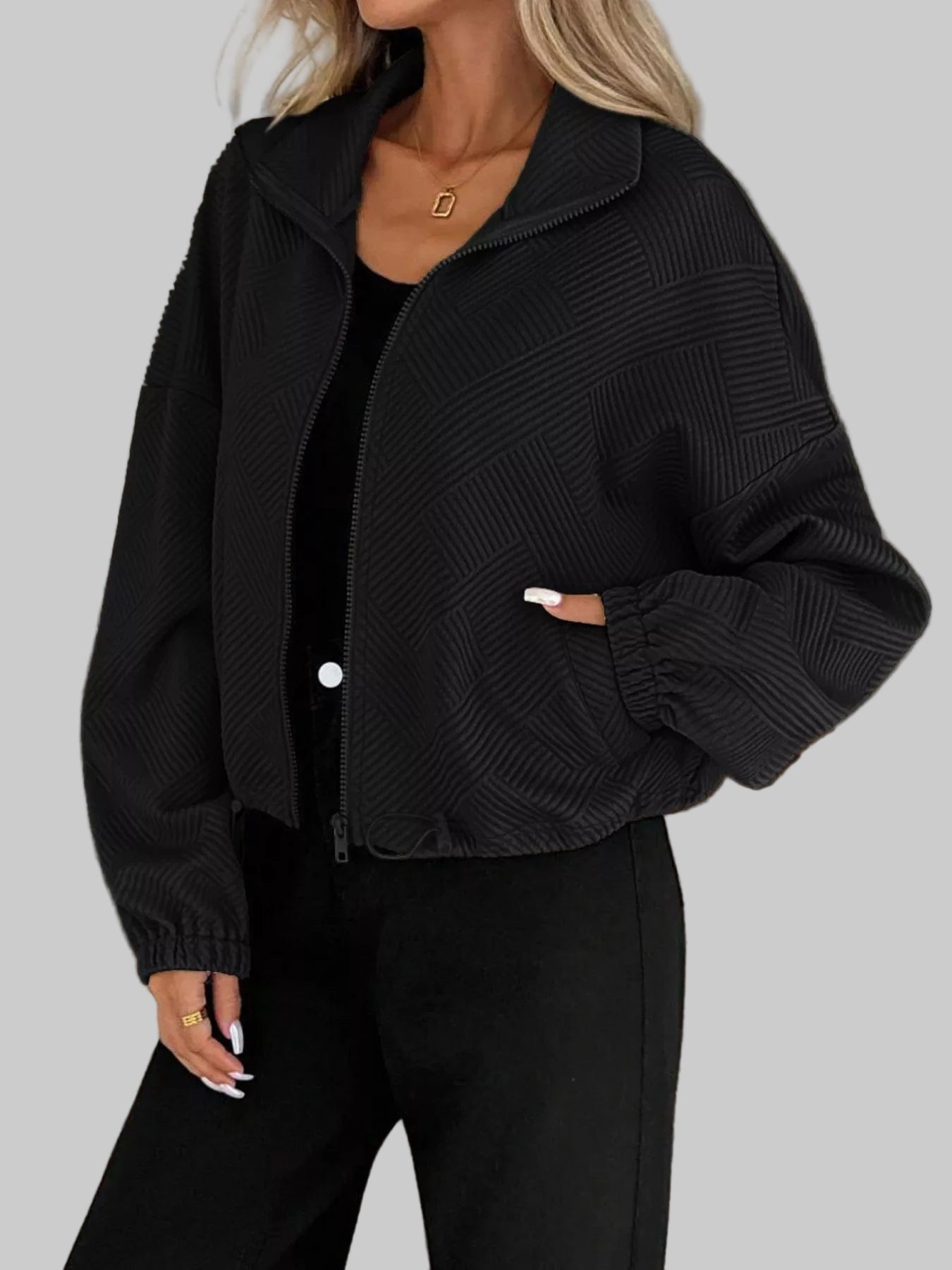 Drawstring Hem Textured Long Sleeve Jacket Jackets The Nichole Collection