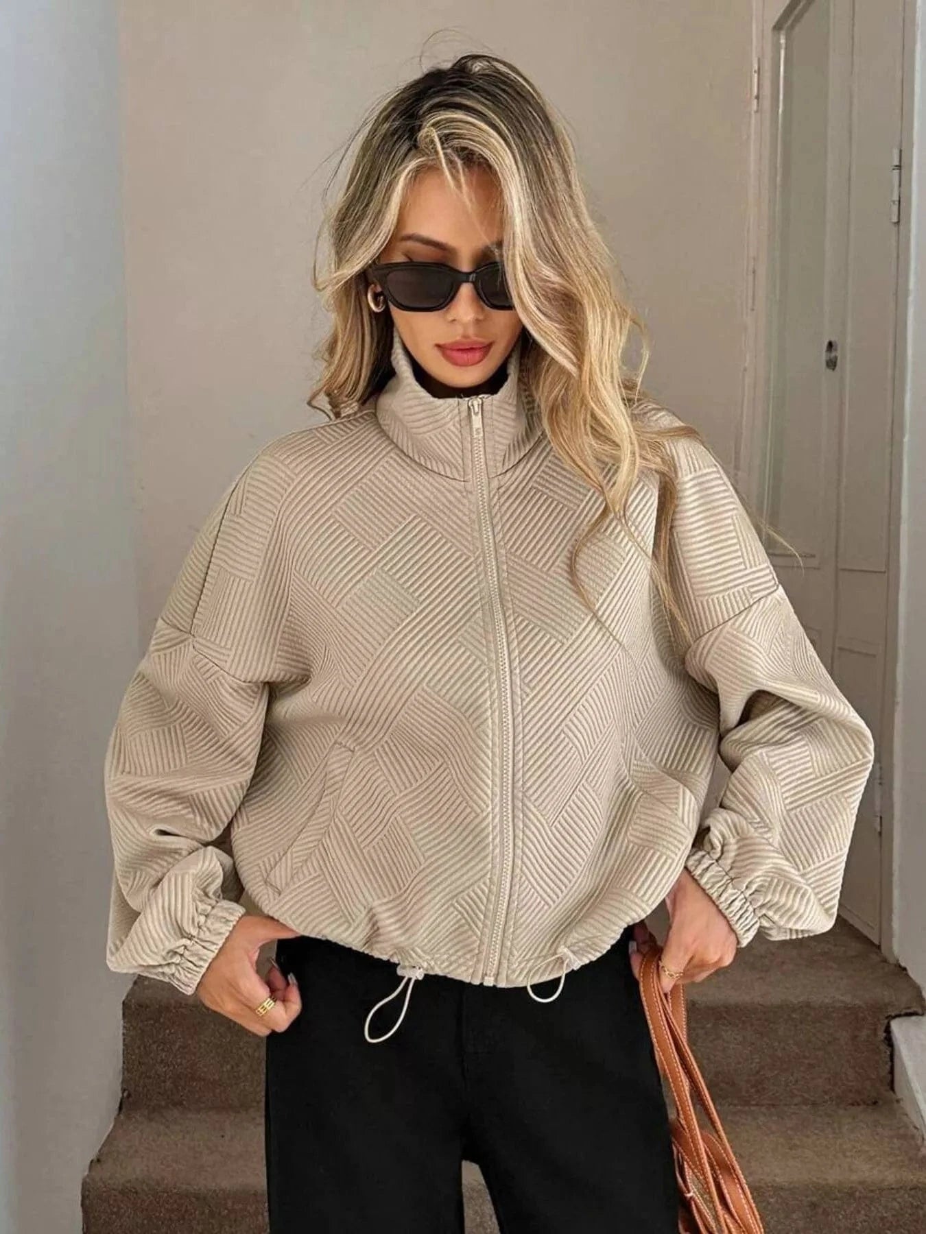 Drawstring Hem Textured Long Sleeve Jacket Jackets The Nichole Collection