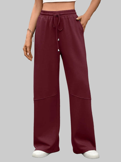 Drawstring High Waist Wide Leg Casual Pants Wine Red / S The Nichole Collection