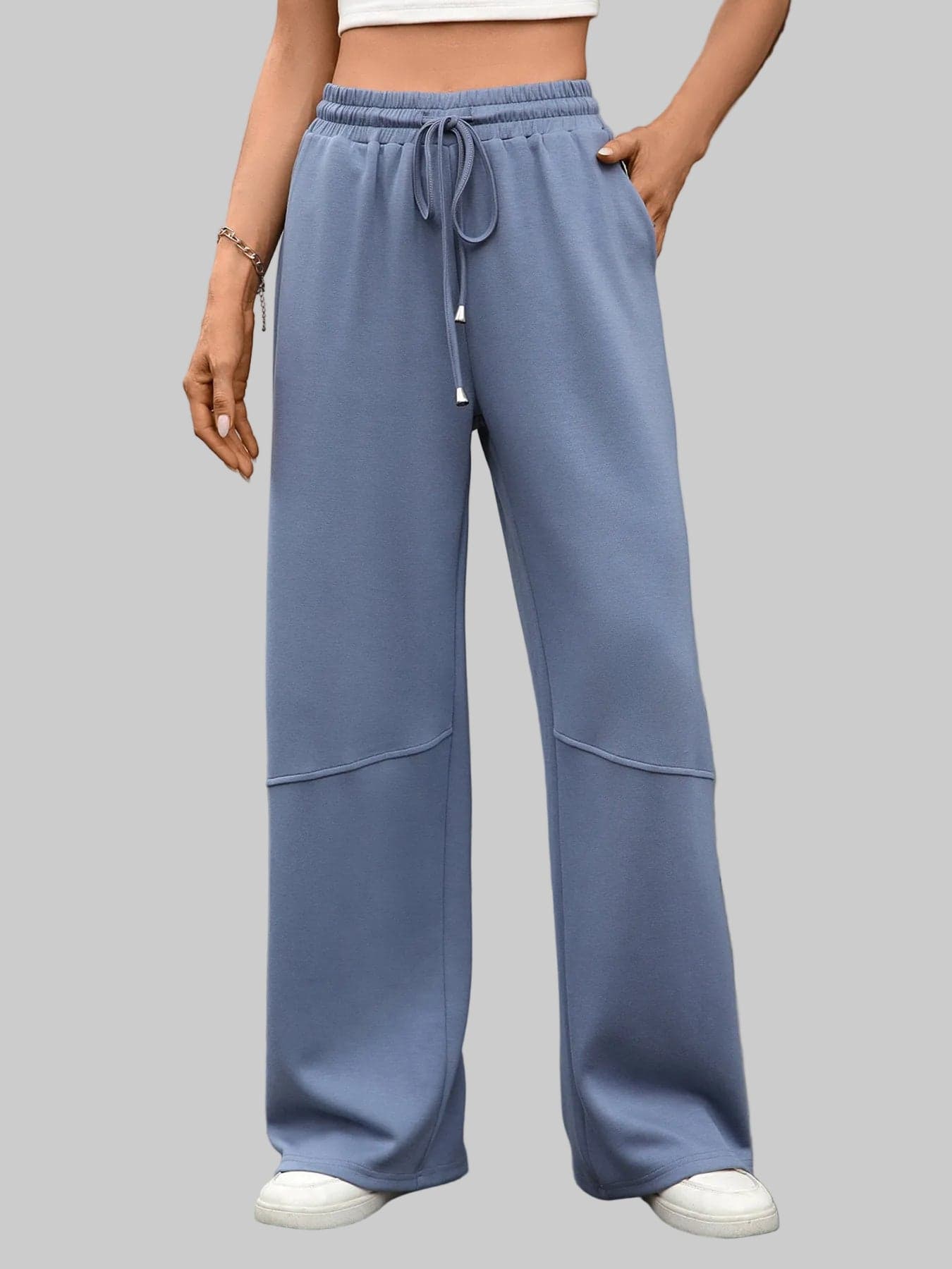 Drawstring High Waist Wide Leg Casual Pants Blue / S The Nichole Collection