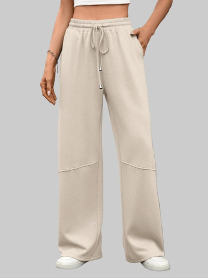 Drawstring High Waist Wide Leg Casual Pants Apricot / S The Nichole Collection