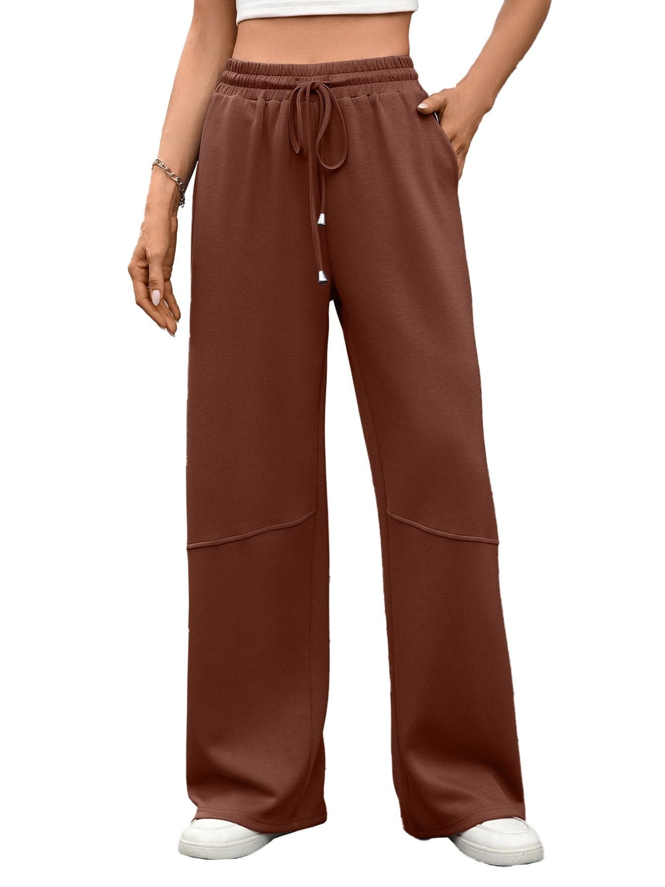 Drawstring High Waist Wide Leg Casual Pants Orange Red / S The Nichole Collection