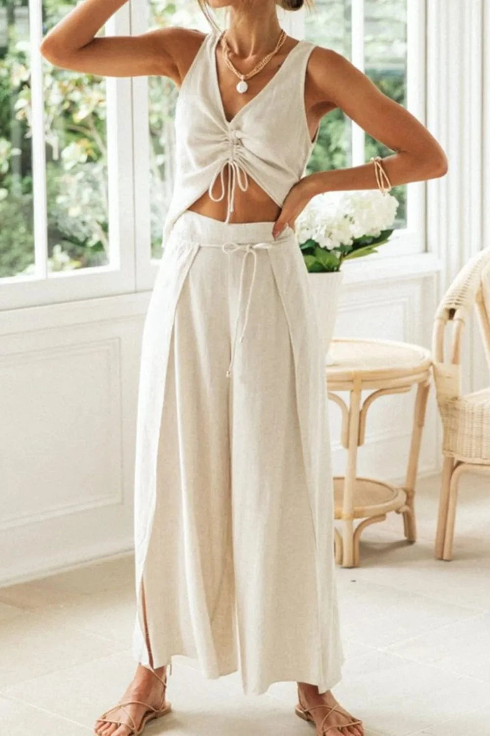 Drawstring V-Neck Tank and Pants Set Beige / S The Nichole Collection