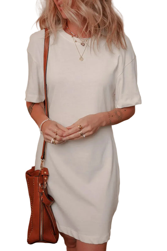 Drop Shoulder Crew Neck Shift T Shirt Dress White / S The Nichole Collection