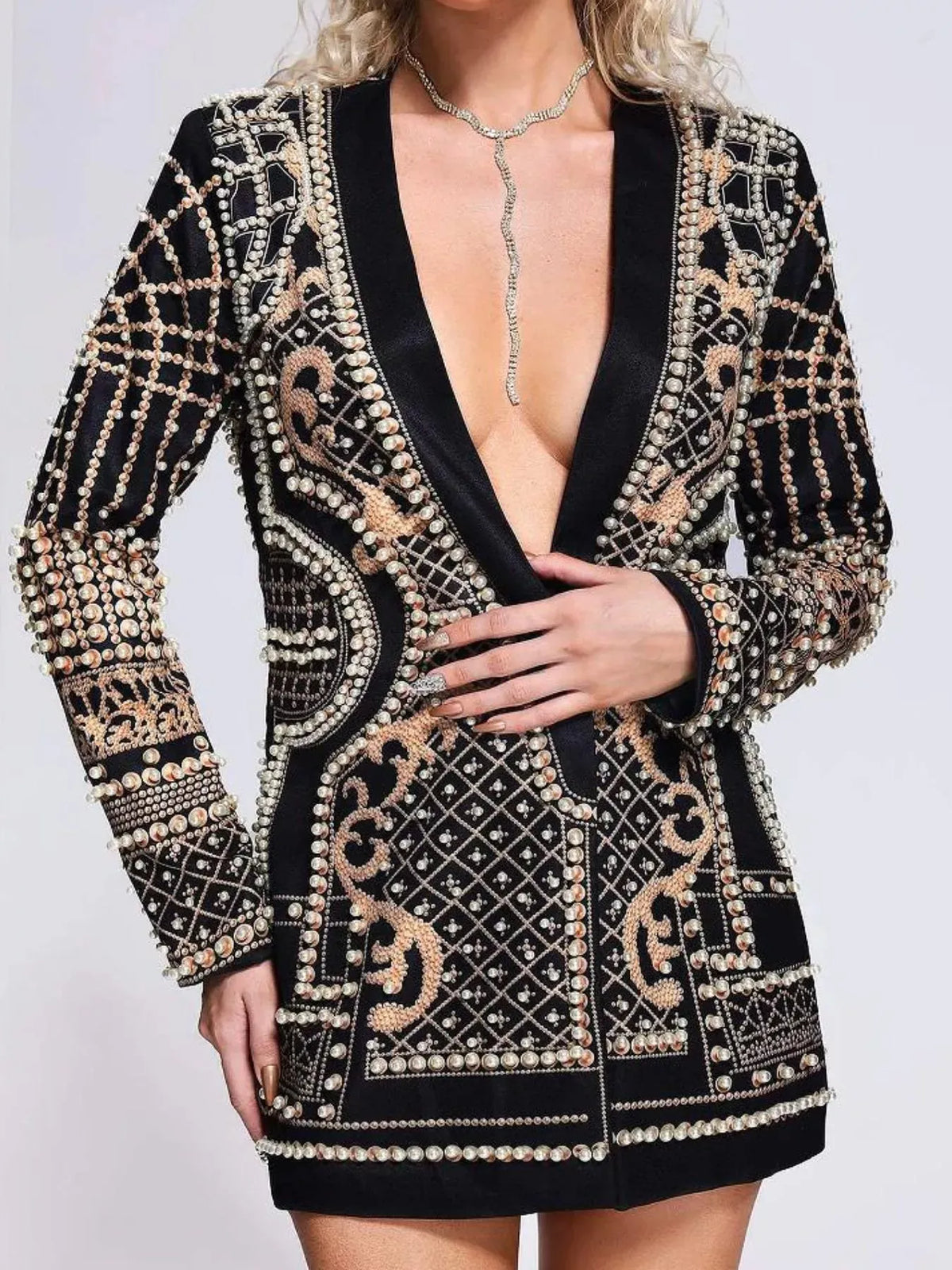Pearl-Embellished One-Button Blazer The Nichole Collection