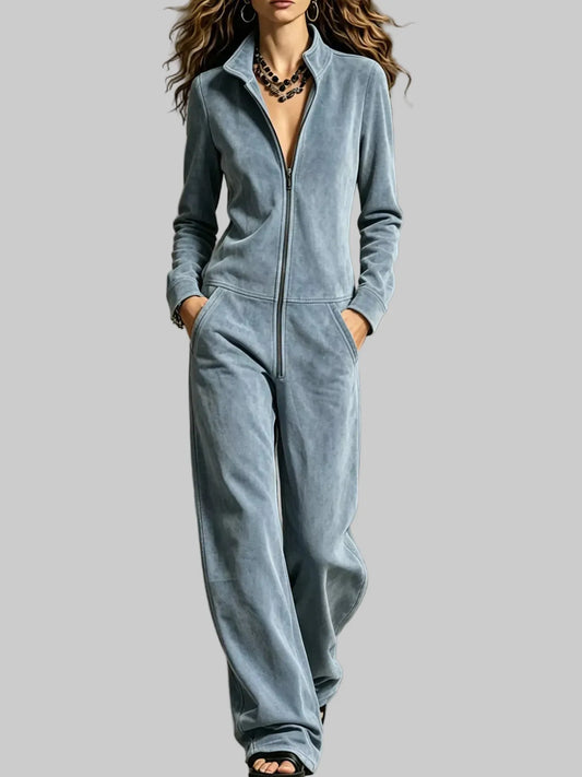 Velour Zip-Up Jumpsuit with Pockets The Nichole Collection