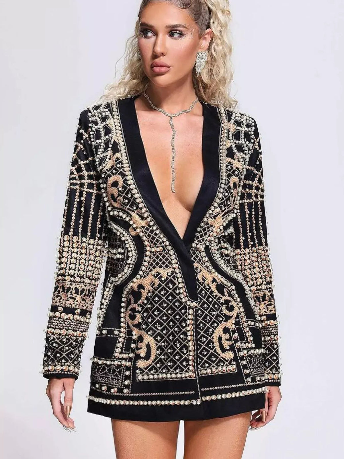 Pearl-Embellished One-Button Blazer The Nichole Collection