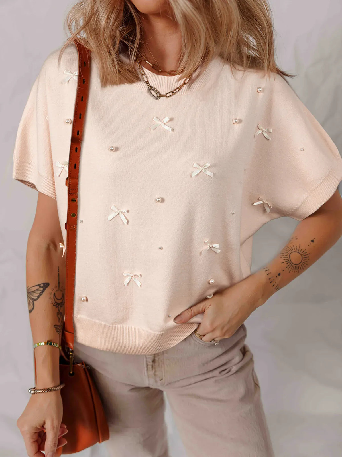 Pearl-Embellished Bow-Detail Short-Sleeve Sweater The Nichole Collection