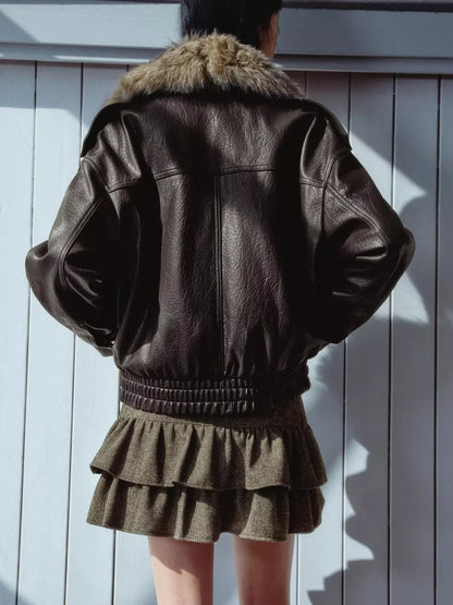 Faux-Fur Collar Vegan Leather Bomber Jacket The Nichole Collection