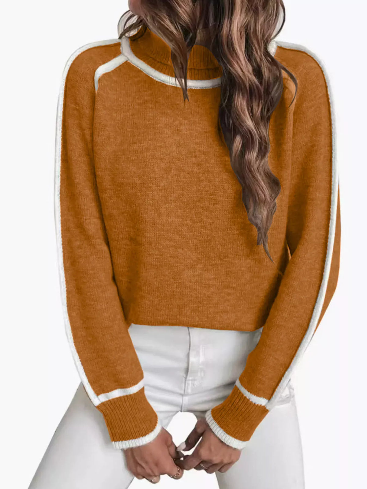 Contrast-Stitch Ribbed-Hem Turtleneck Sweater The Nichole Collection - Official Site