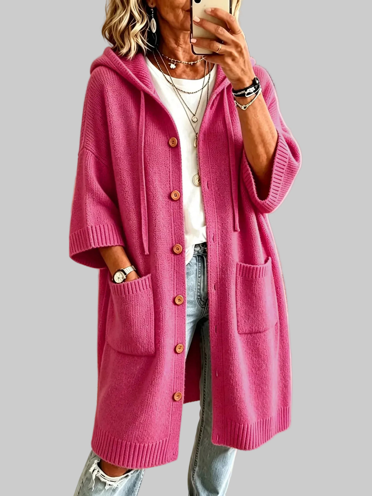 HOODED BUTTON-FRONT KNIT LONG CARDIGAN The Nichole Collection - Official Site