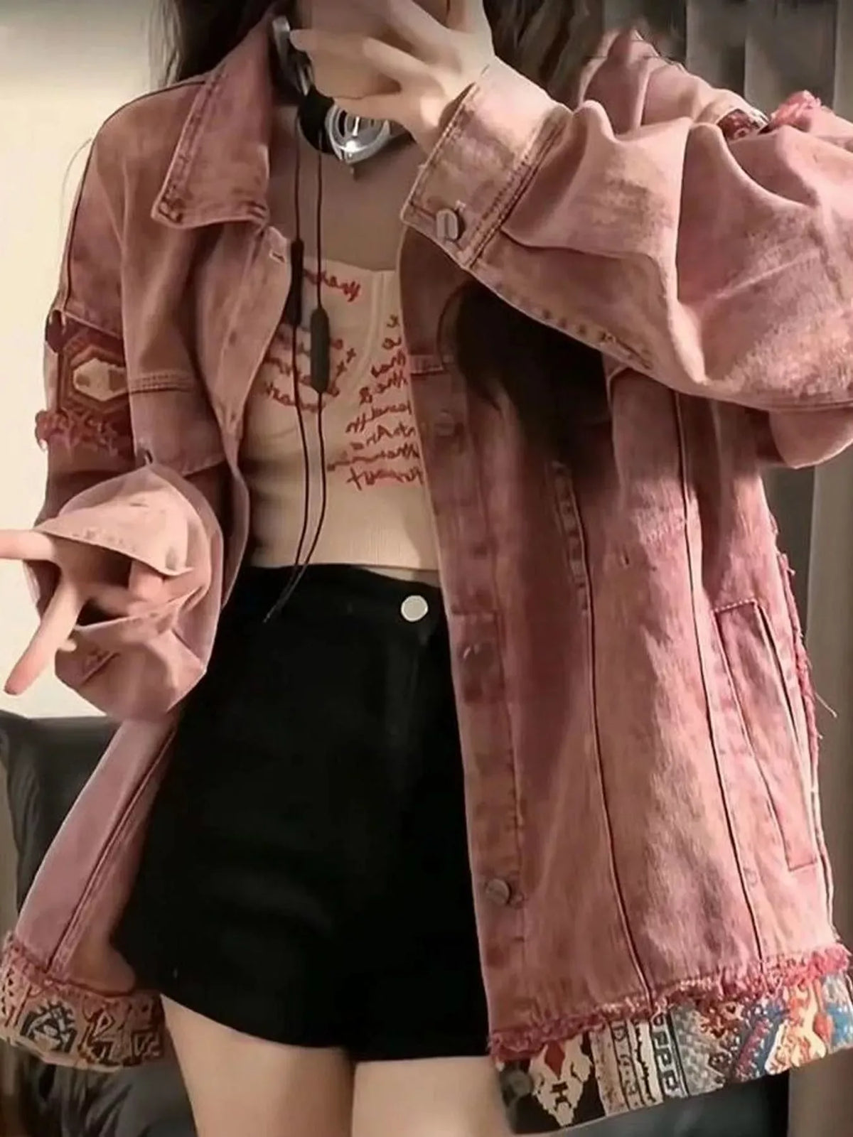 Ethnic Patchwork Details Denim Jacket Trendsi
