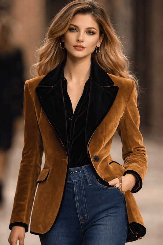 Elegant Brown Velvet Blazer w/ Black Lapel Collar Velvet Light Brown-1 / S The Nichole Collection