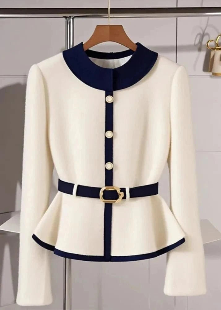 Elegant European-Inspired Cashmere Sweater Cardigan Sweaters Beige w/Navy Blue Accent / S The Nichole Collection