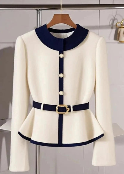 Elegant European-Inspired Cashmere Sweater Cardigan Sweaters Beige w/Navy Blue Accent / S The Nichole Collection