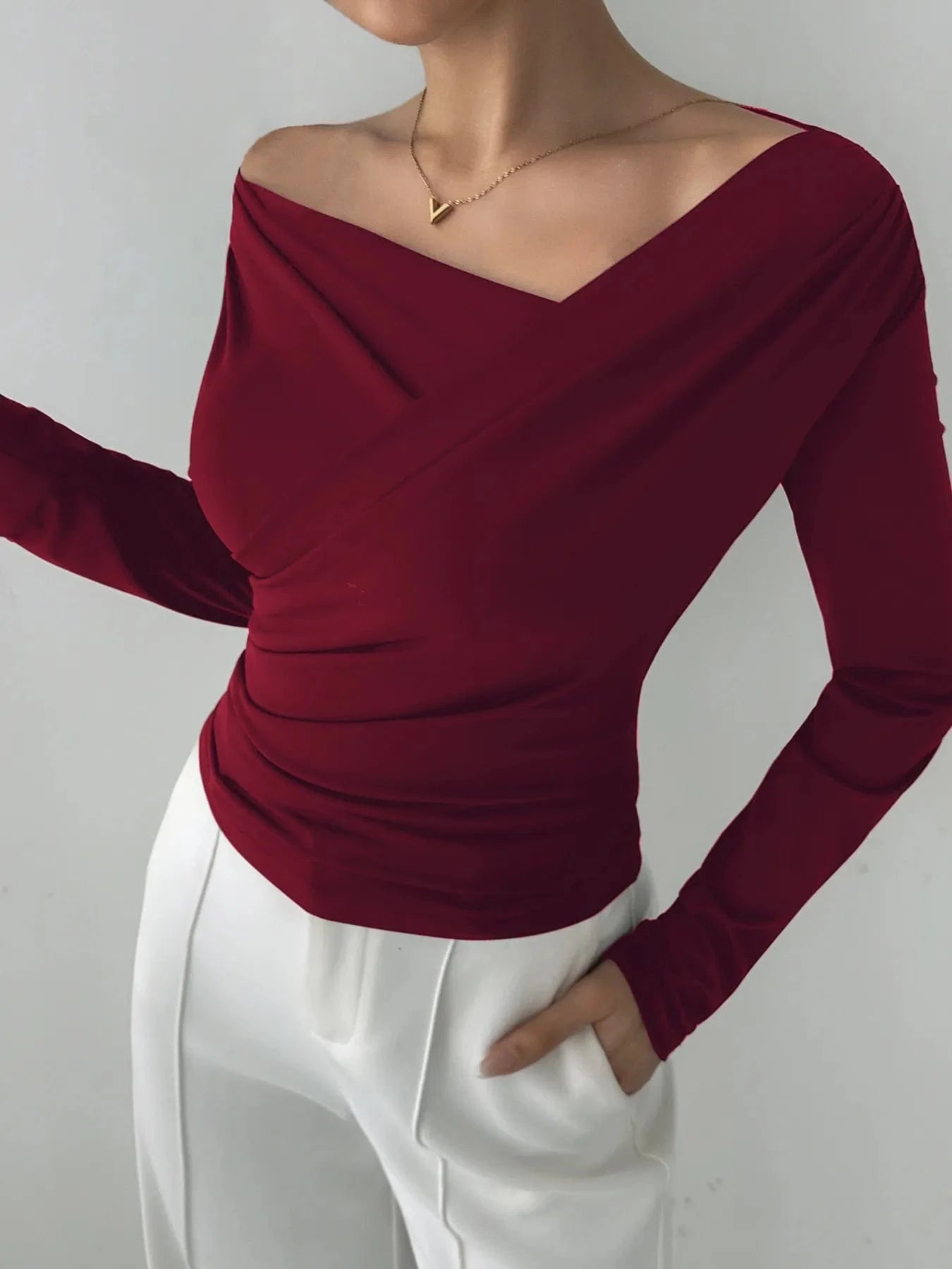 Elegant Long Sleeve Asymmetrical Blouse for Office or Casual Wine Red / S The Nichole Collection