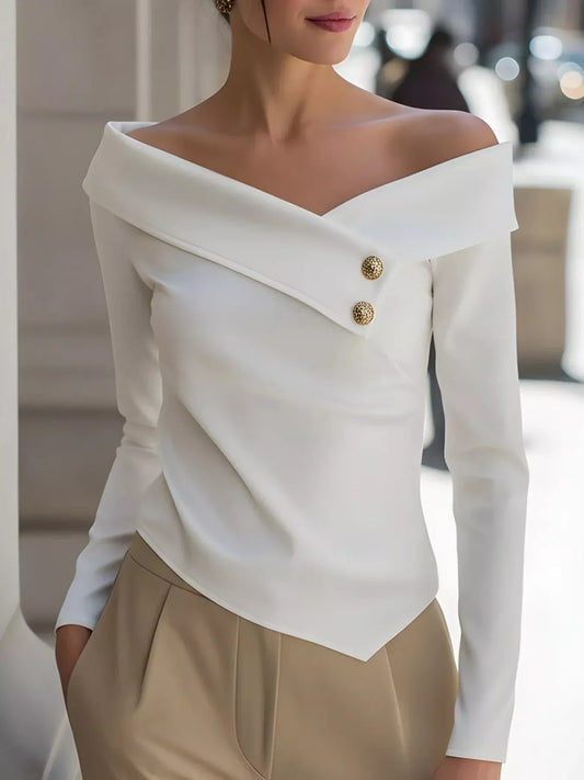 Elegant Off-the-Shoulder Blouse with Decorative Buttons White / S The Nichole Collection - Official Site