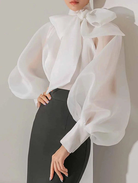 Elegant Organza Transparent Bow Blouse – Timeless & Chic Blouse White / M The Nichole Collection