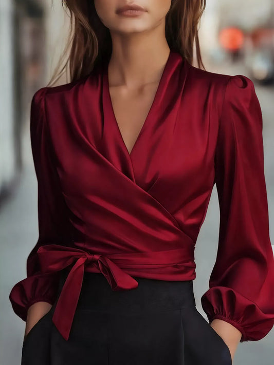 Elegant Satin Wrap Blouse with Bow Detail Burgundy / S The Nichole Collection - Official Site