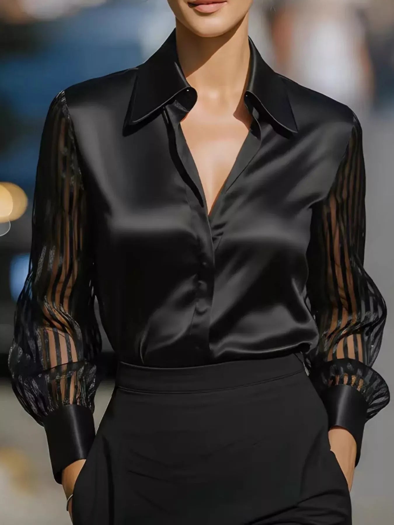Elegant Shirt with Sheer Striped Sleeves | The Nichole Collection