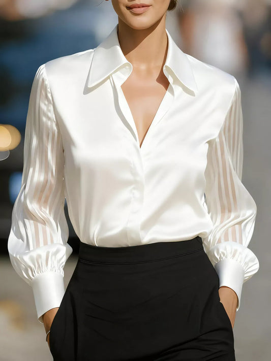 Elegant Shirt with Sheer Striped Sleeves White / S The Nichole Collection - Official Site