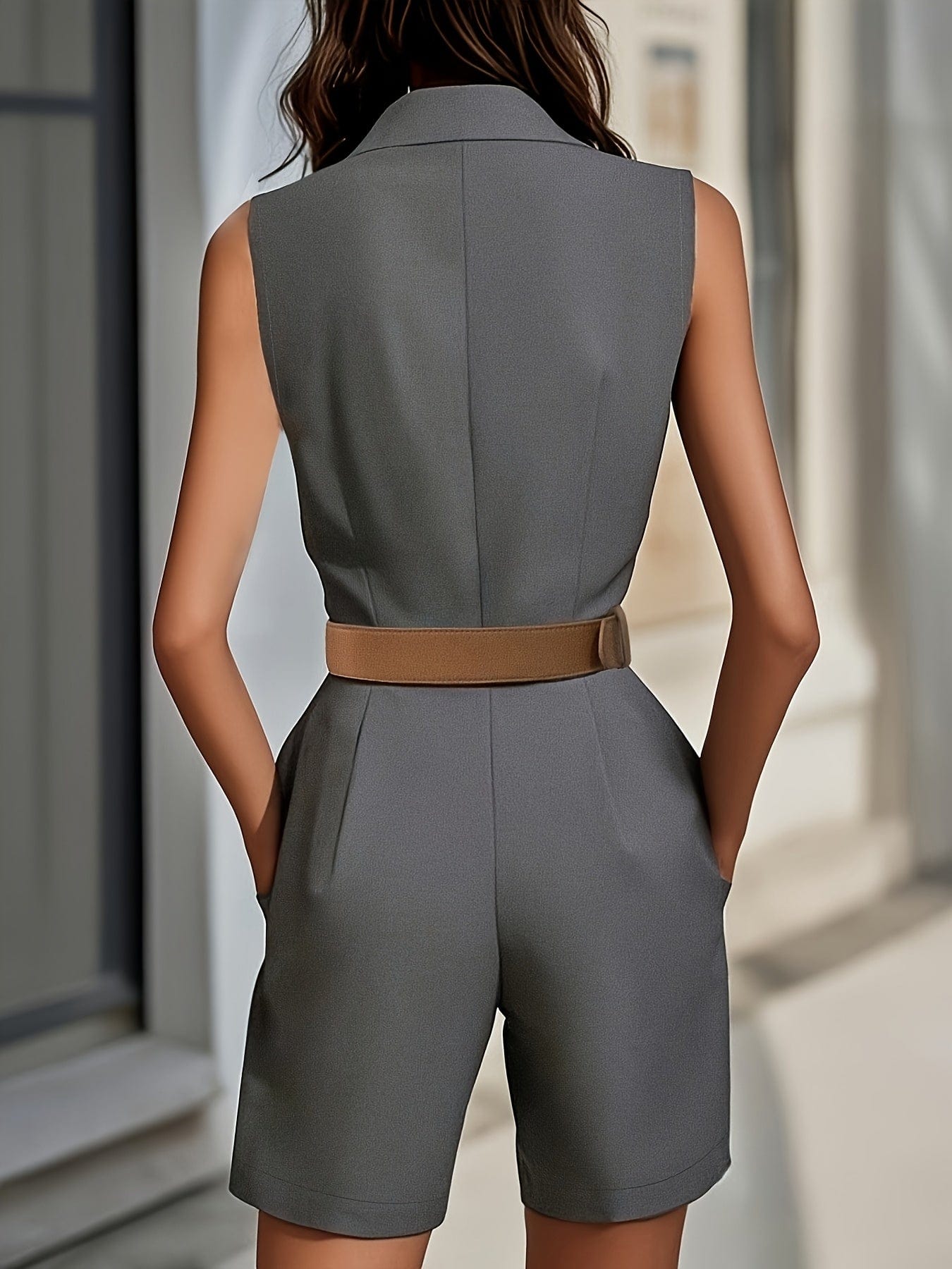 Elegant Sleeveless Lapel Romper – Belted One-Piece with Pockets The Nichole Collection