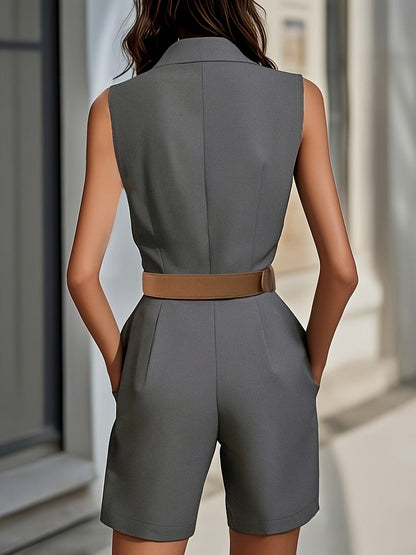 Elegant Sleeveless Lapel Romper – Belted One-Piece with Pockets The Nichole Collection