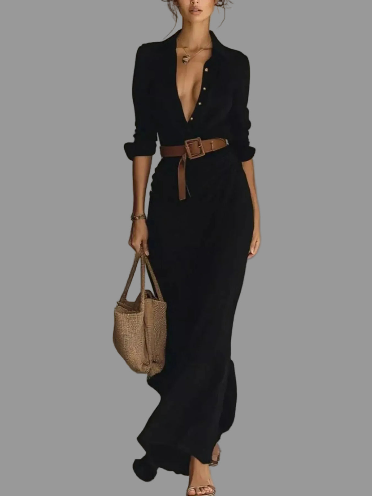 Elegant V-Neck Cotton Ruched Maxi Dress with Belt The Nichole Collection - Official Site
