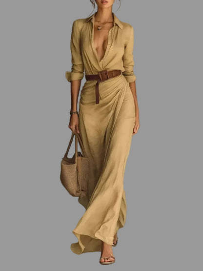 Elegant V-Neck Cotton Ruched Maxi Dress with Belt The Nichole Collection - Official Site
