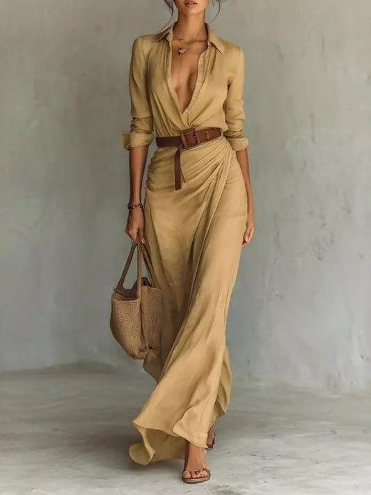 Elegant V-Neck Cotton Ruched Maxi Dress with Belt Khaki / XS The Nichole Collection - Official Site
