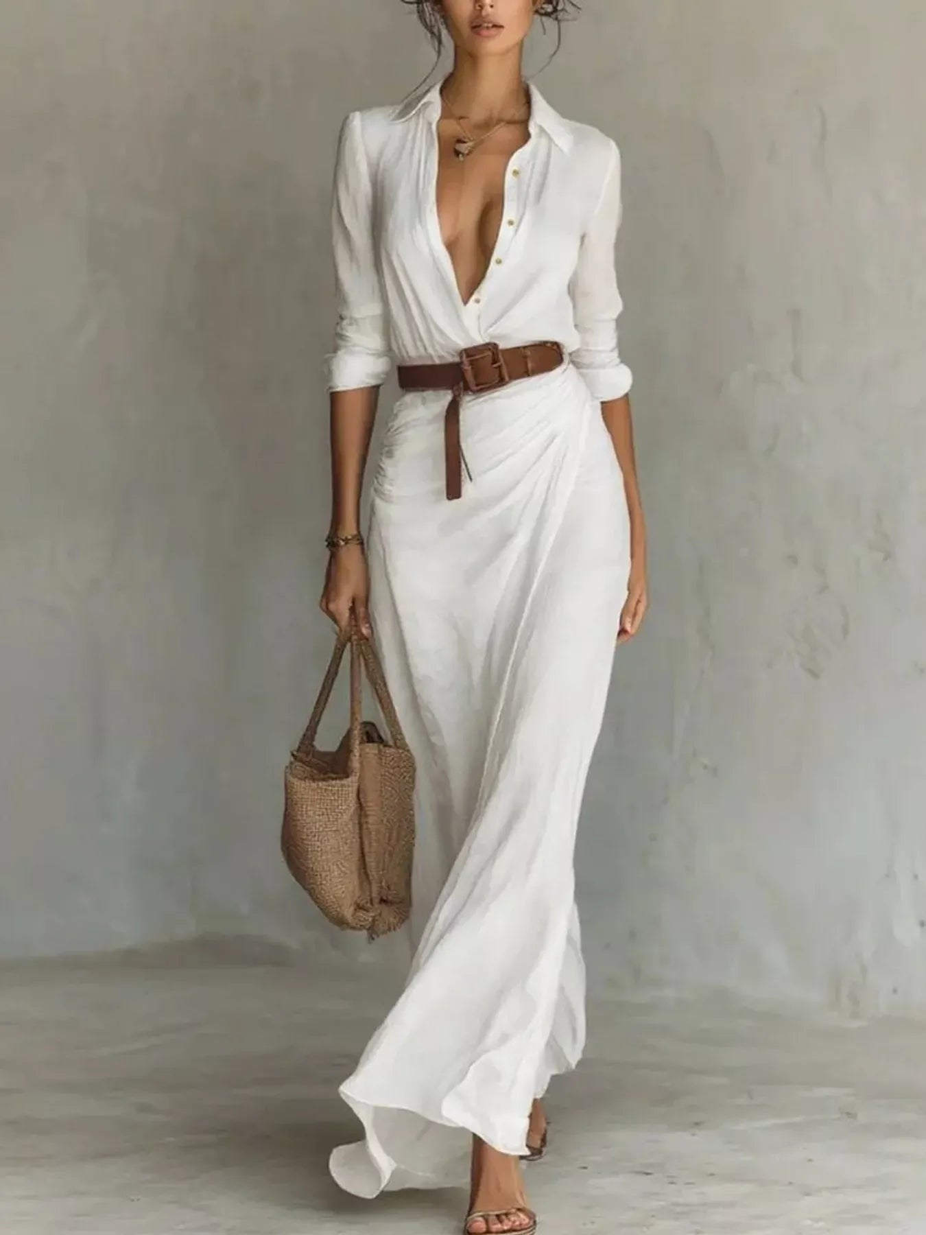 Elegant V-Neck Cotton Ruched Maxi Dress with Belt