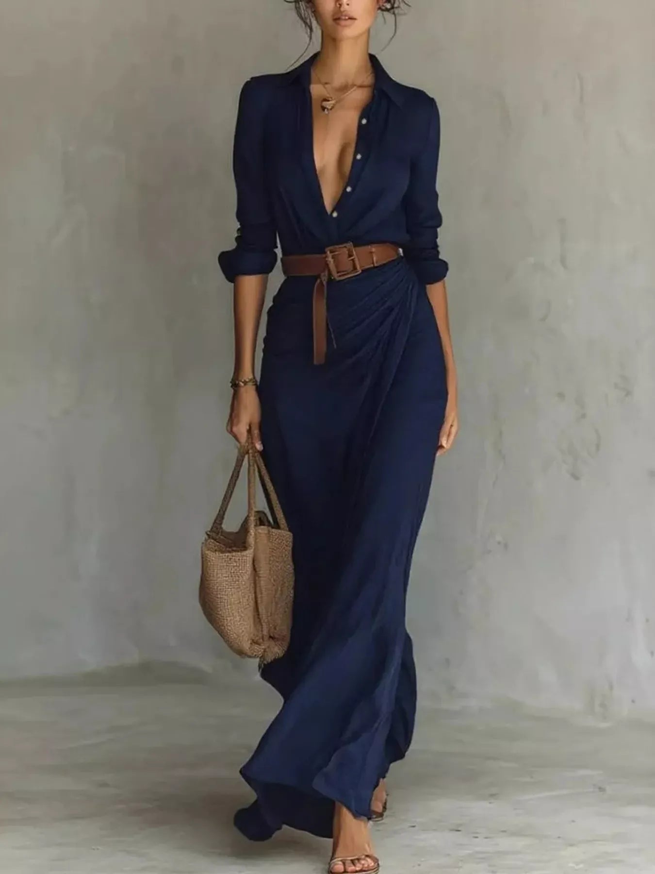 Elegant V-Neck Cotton Ruched Maxi Dress with Belt
