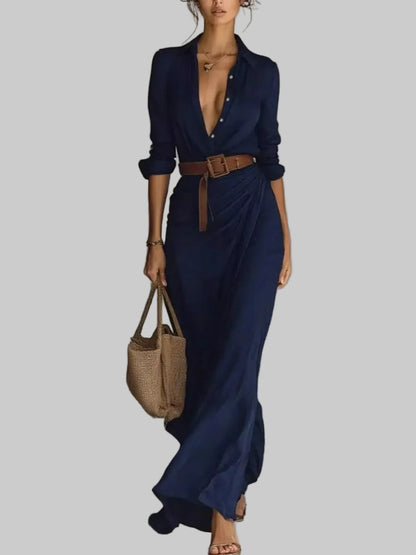 Elegant V-Neck Cotton Ruched Maxi Dress with Belt The Nichole Collection - Official Site