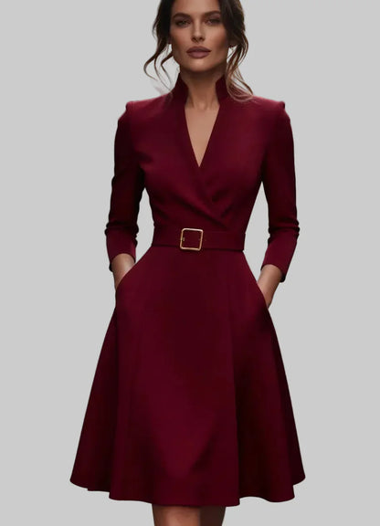Elegant V-Neck Waist-Cinch Dress with Belt Wine red / S The Nichole Collection