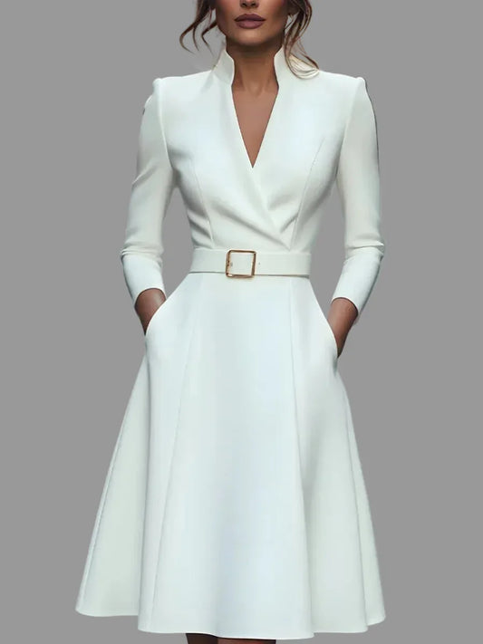 Elegant V-Neck Waist-Cinch Dress with Belt White / S The Nichole Collection