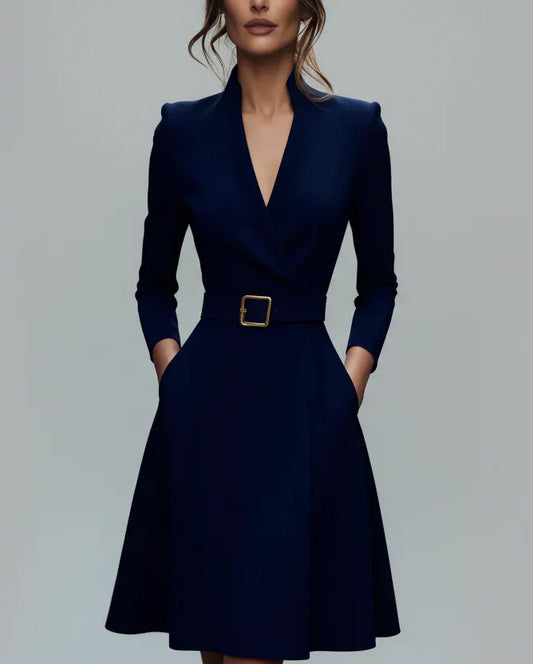Elegant V-Neck Waist-Cinch Dress with Belt Navy blue / S The Nichole Collection