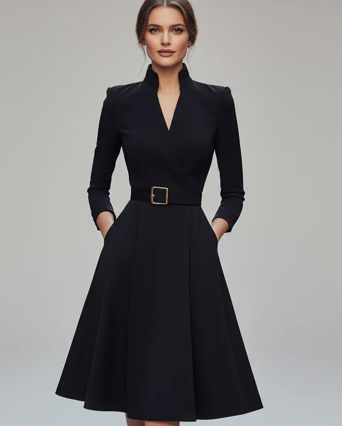 Elegant V-Neck Waist-Cinch Dress with Belt The Nichole Collection